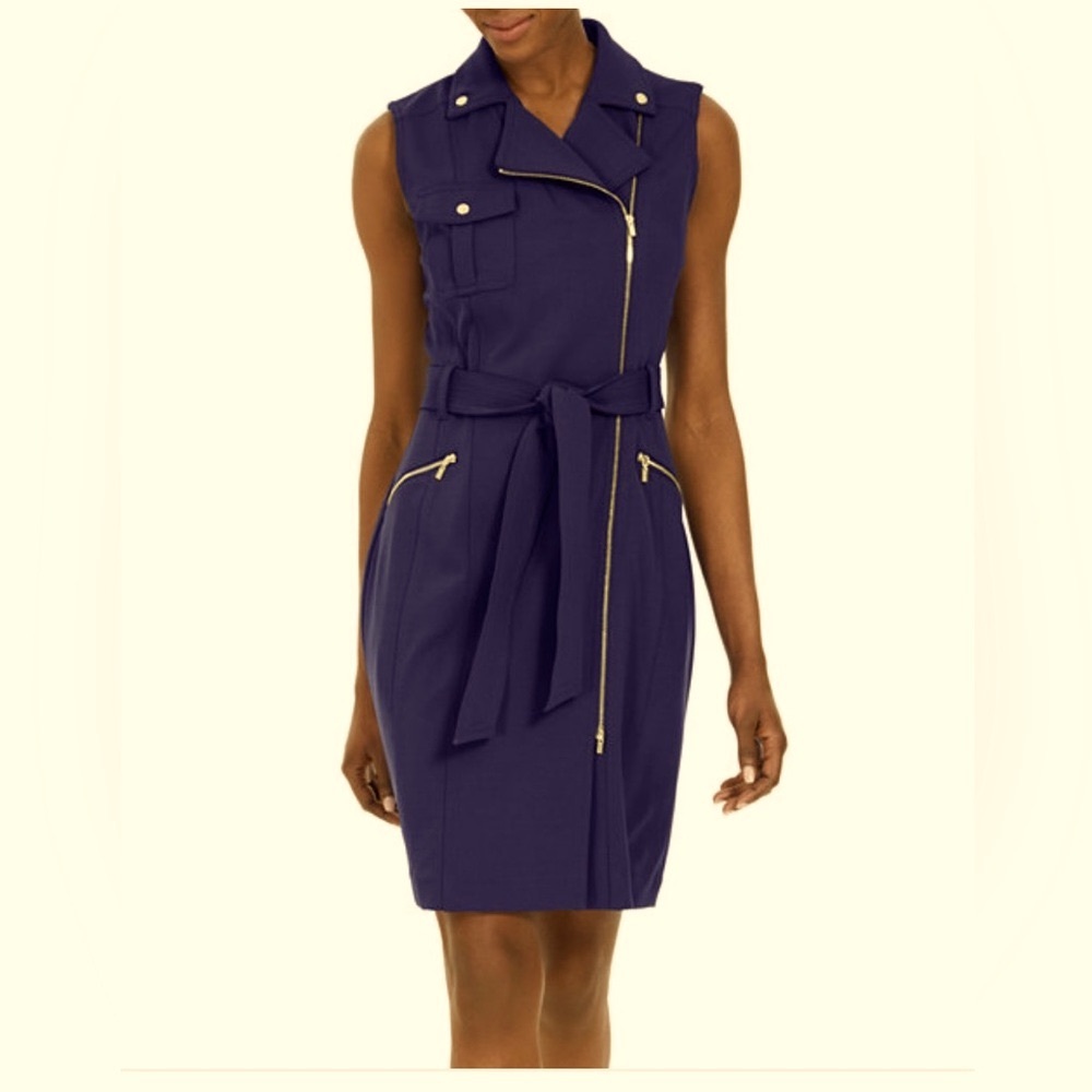 Calvin Klein Moto Belted Sleeveless Navy Sheath Dress size 12